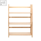 Light-colored wooden heva three tier foldable bookshelf with four shelves and minimalist design made of tropical hevea wood