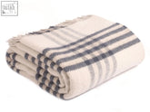 A hex xl pure new wool throw in blue slate with a cream base plaid pattern and fringed edges perfect for blanket size guide