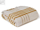 Hex xl pure new wool throw blanket in english mustard features soft cream color with warm gold stripes and fringed edges size guide