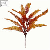 A vibrant orange and red lifelike artificial fern bush plant with detailed feathery fronds perfect for autumn decor