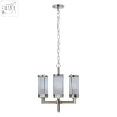 This hilton glass nickel finish arm pendant light features five cylindrical glass shades with vertical ridges on a chrome frame