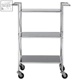 Chrome-finished metal utility cart with black mirrored glass 3 tier shelves and black caster wheels hoffmann trolley
