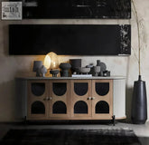 Modern wooden hokona cabinet with arched glass doors light wood finish and black interior panels