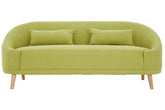 A modern curved holland green linen sofa with wooden legs and two matching cushions in lime green fabric