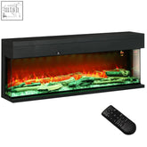 Black homcom electric fireplace with adjustable flame, glass panel, and remote control featuring glowing orange and green flames
