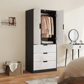 Modern two-tone wardrobe with high gloss white finish, open doors showing hanging clothes and three drawers below