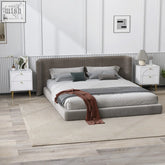 Gray upholstered platform bed with tufted headboard and white HOMCOM bedside table set featuring two drawers and arched embossed pattern