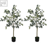 Two pack artificial plants with silvery green eucalyptus leaves and slender stems in black pots with metal wire support