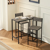 Black metal-framed bar table set with gray wood-grain tabletop and stools for small space dining room use