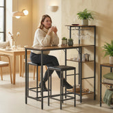 Black metal bar table with rustic brown wooden top and matching black faux leather stools breakfast bar table set
