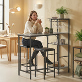 Black metal bar table with gray faux leather countertop and multiple shelves in homcom breakfast bar table set