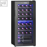 Black homcom wine fridge with glass door purple led lighting dual temperature zone size holds 32 bottles