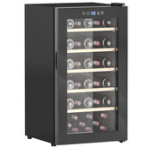 Black glass-door freestanding wine cooler with wooden shelves and digital display in homcom 41 bottle fridge