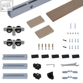 Silver aluminum barn door sliding track system with black rollers and hardware for single wooden doors with high weight capacity
