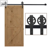 Light brown wooden door panel with black carbon steel sliding door hardware and industrial wheel details