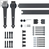 Black metal sliding barn door hardware set in carbon steel with brown powder coat finish and decorative diamond handles