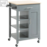 Gray homcom kitchen trolley with wooden countertop featuring open shelf and cabinet door for prep area storage