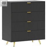 Black HOMCOM elegant four-drawer bedside table with vertical ribbed texture gold-tone handles and flat tabletop