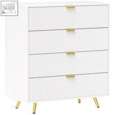 White homcom elegant four-drawer bedside table with vertical ribbed panels gold-tone handles legs and flat tabletop