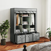 Gray homcom fabric wardrobe with metal frame hanging rod and three fabric drawers for bedroom storage