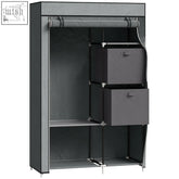 Gray fabric wardrobe with black metal frame and two fabric drawers featuring non-woven fabric cover for clothes storage