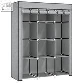 Homcom fabric wardrobe with non-woven fabric cover, gray color, black trim, hanging rod, and clothes storage shelves