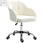Cream-colored fluffy vanity chair with plush texture and chrome rolling base with 46-56cm adjustable seat height