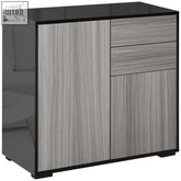 Modern gray particle board sideboard with high gloss black top and anti-tipping straps for living room use