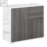 Modern grey wood grain particle board cabinet with high gloss white top and sides featuring cabinet door size for storage