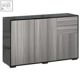 Modern gray wood grain sideboard with black high gloss top features two drawers and cabinets for living room storage
