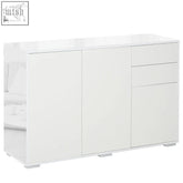 White high gloss living room sideboard with push-open design features two drawers and two sliding doors