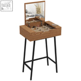 Wooden vanity table with mirrored top and black metal legs in natural wood effect for stylish bedroom use