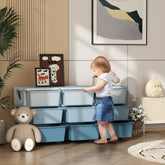 Blue plastic kids storage unit with nine drawers stacked for easy organization and storage