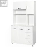 White glossy particle board kitchen cupboard with silver handles, three open compartments, drawers, and doors for storage