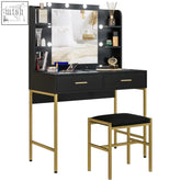Black homcom makeup vanity desk set with gold legs lighted circular mirror and matching stool with drawers