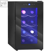 Black homcom mini wine fridge with glass door temperature control digital display and blue LED interior lighting