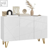 White high gloss sideboard with geometric line indents and two large gold hairpin legs by homcom