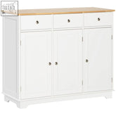 White wooden sideboard with storage cabinets drawers adjustable shelves and light oak rubberwood top for living room use