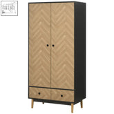 Modern two-door wardrobe with wood grain sticker herringbone doors black frame legs and storage drawers by homcom