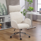 Cream-colored office chair with adjustable headrest and boucle fabric featuring chrome base and black casters