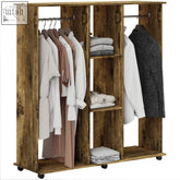 Rustic brown homcom open wardrobe with particle board, aluminium hanging rails, two rods, and three open shelves on wheels