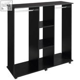 Black homcom open wardrobe with particle board, aluminium hanging rails, three open shelves, and six caster wheels for mobility