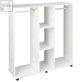 White HOMCOM open wardrobe organizer with aluminium alloy hanging rails, two rods, shelves, and black caster wheels