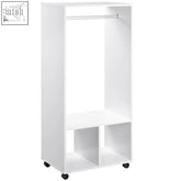 White homcom open wardrobe on wheels with particle board, aluminium hanging rail, open shelves, and lower storage compartments