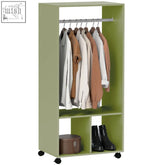 A light green homcom open wardrobe on wheels with aluminium hanging rail and particle board storage shelves for clothes