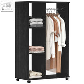 Black wood-grain homcom open wardrobe with aluminium hanging rail, mirrored door, and three open shelves on wheels