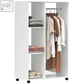 White minimalist homcom open wardrobe on wheels with aluminium hanging rail particle board and black caster wheels