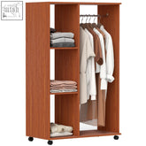 Brown particle board wardrobe with aluminium hanging rail rolling casters and 3 shelves for hallway or cloakroom use