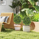 Two green artificial boxwood topiary balls in terracotta and white ceramic pots for indoor outdoor use