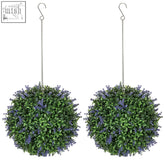 Homcom set of 2 artificial topiary balls with lush green foliage and purple blooms hanging by silver chains